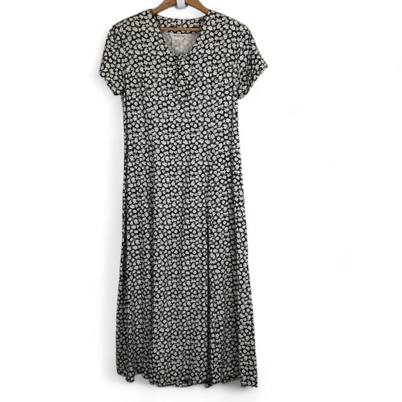All Week Long Dresses & Skirts - All Week Long Vtg 80s Maxi Dress Sz 10 Smocked Drop Bow Floral Black White